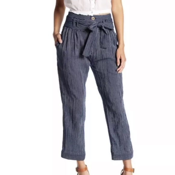 Free People Rumors Yarn Dye Stripe Paper Bag Pants Blue and White Striped - Picture 2 of 11
